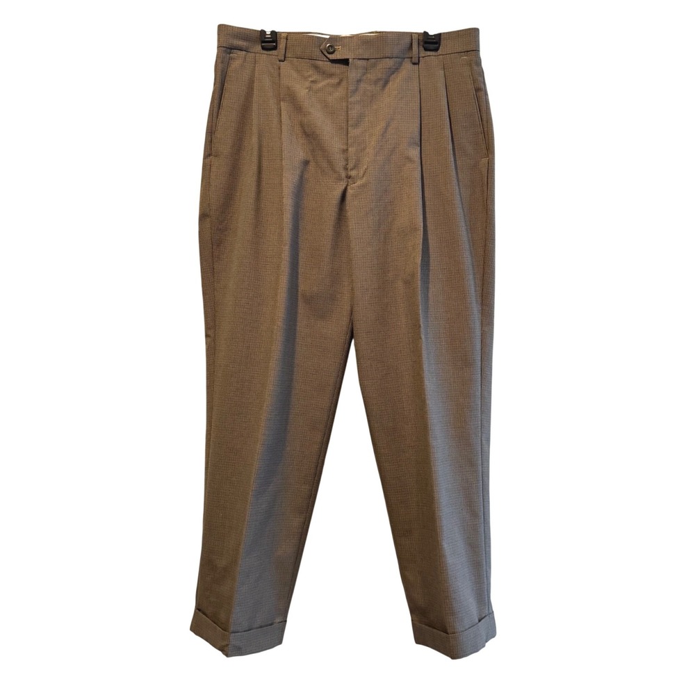Louis Raphael Rosso Red Mens 36x28 Brown Micro Houndstooth Pleated Dress Pants